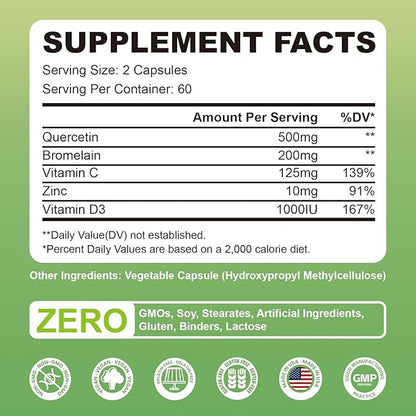 Quercetin with Bromelain Supplement for Men & Women - 120 Capsules for Immune Support Supplement, Blend with Vitamin C & Vitamin D3 & Zinc, Quercetin 500mg Capsules - Gluten Free, Vegan & Non-GMO