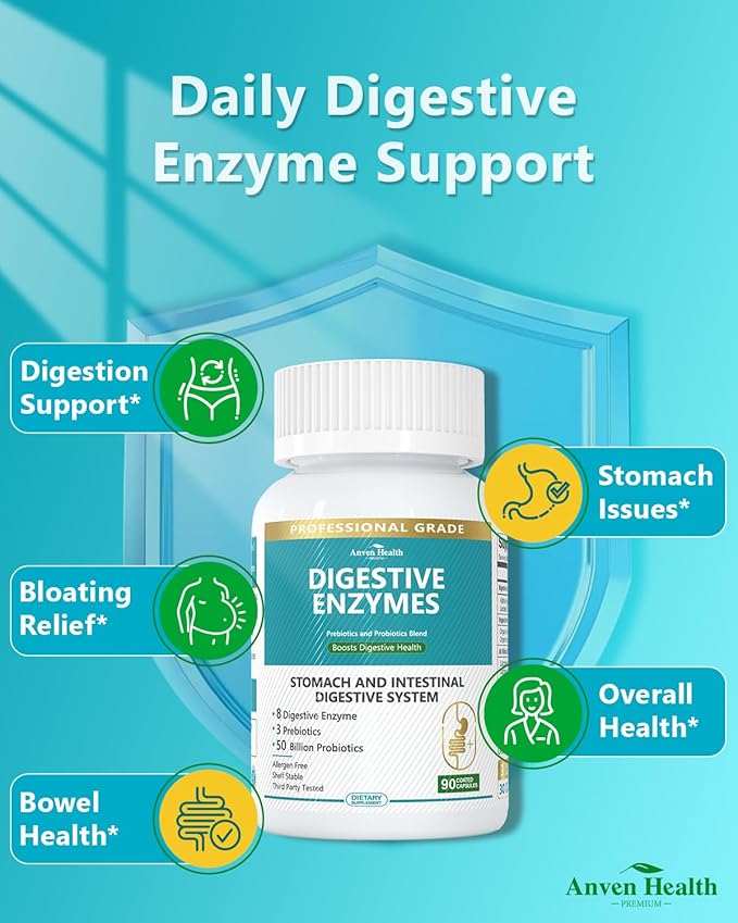 800mg Digestive Enzymes for Men and Women with Probiotics & Prebiotics, 8 Key Enzymes, Protease, Amylase & Lipase | 180 Capsules - A 60-Day Supply for Bloating & Gas Relief - Non-GMO