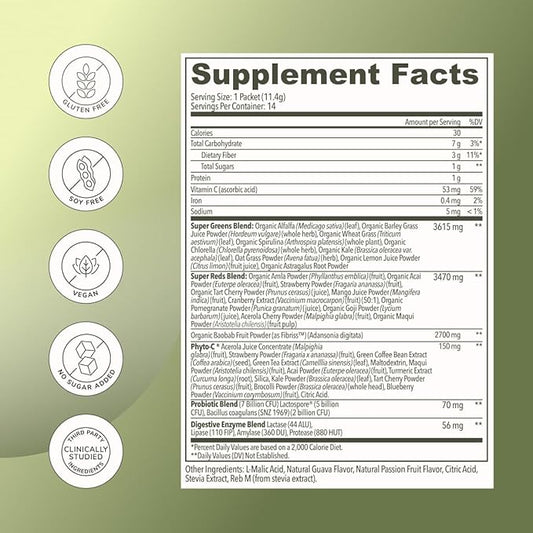 Rookie Wellness Greens + Superfoods - Greens Superfoods Powder Drink Made with Whole Food Sourced Ingredients Contains Vitamins, Probiotics, Antioxidants, and Baobab Fiber (14 Servings, Passion Guava)