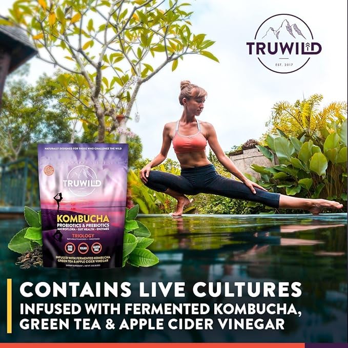 TruWild Natural Kombucha Powder Probiotic Supplement Vegan Drink Mix – Gut Health Digestive Enzymes w/Live Cultures + Apple Cider Vinegar & Prebiotics – 20 Servings