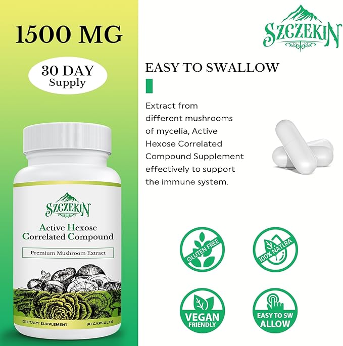 Active Hexose Correlated Compound 1500 mg Supplement, Natural 8 Mushroom Extract Supplement, Immune System, Liver Function, Natural Killer and T Cells Activity, 180 Veggie Capsules