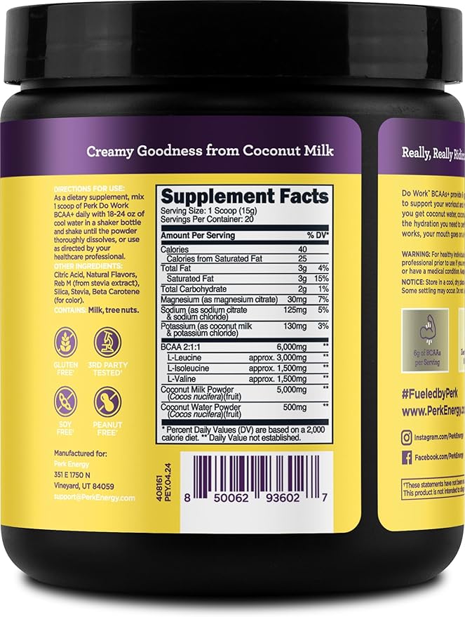 Perk Do Work BCAAs + Hydration Electrolytes Powder (Naturally Sweetened Lemon Tart Flavored, 20 Servings) - with Coconut Water & Coconut Milk