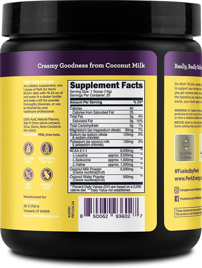 Perk Do Work BCAAs + Hydration Electrolytes Powder (Naturally Sweetened Lemon Tart Flavored, 20 Servings) - with Coconut Water & Coconut Milk