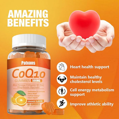 1 Pack 500MG CoQ10 Supplement Gummies, Omega-3, Magnesium, Vitamin B3, Zinc, Ultra High Absorption Provides Healthy Support for Heart, Cell Energy＆ Antioxidants, 60Cts.