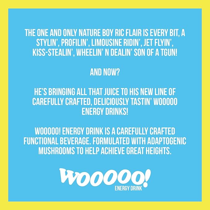 Wooooo! Energy Ric Flair Sparkling Adaptogenic Mushroom Energy Drink | Natural Antioxidants & Nootropics | Lion’s Mane & Cordyceps | 150mg Caffeine | 12 Pack (Lemon)