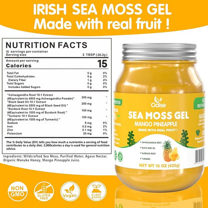 Wildcrafted Irish Sea Moss Gel - Natural Seamoss Gel with Ashwagandha Root, Burdock Root,Turmeric - Non-GMO, Gluten-Free, Vegan