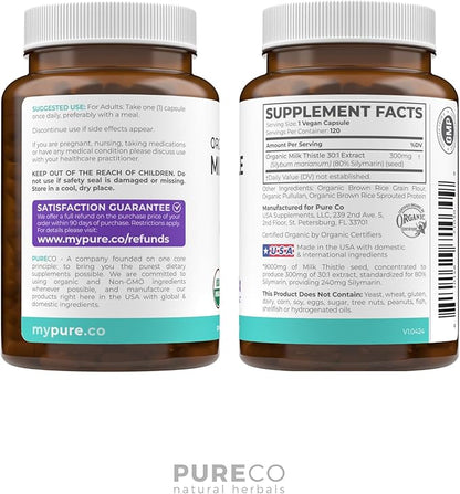 USDA Organic Milk Thistle Capsules - 80% Silymarin Supplement for Liver Support- Super Concentrated 300mg of 30:1 Milk Thistle Extract Equivalent to 9,000mg - Milk Thistle Liver Detox 120 Day Supply
