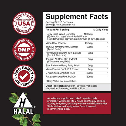 Natures Craft Horny Goat Weed for Men - Extra Strength Male Supplement with Black Maca Root, Tongkat Ali, Saw Palmetto & Panax Ginseng Extract for Stamina & Energy - 90 Capsules