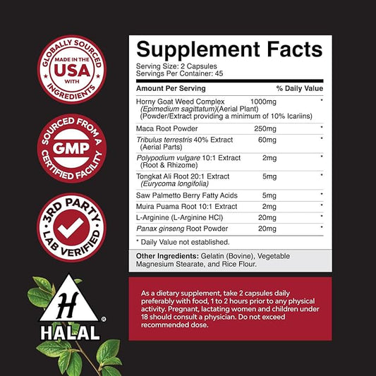 Natures Craft Horny Goat Weed for Men - Extra Strength Male Supplement with Black Maca Root, Tongkat Ali, Saw Palmetto & Panax Ginseng Extract for Stamina & Energy - 90 Capsules