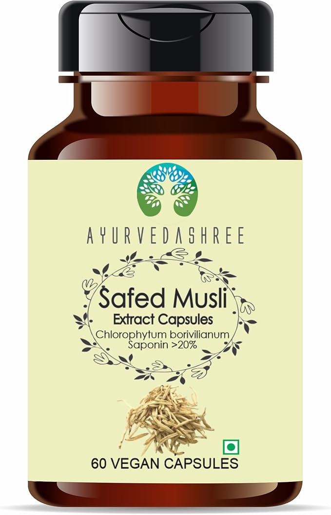 Safed Musli Extract 500mg - 60 Vegetarian Capsules | Chlorophytum Borivillianum | All Natural | 100% Vegan | Gluten-Free | GMP Certified.