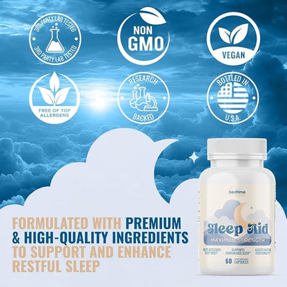 All in One Sleep Aid for Adults | Complete Sleep Support & Non-Habit Forming | Max Strength w/Melatonin, Magnesium, Lemon Balm & 15 Sleep-Promoting Ingredients – 3rd Party Tested | 60 Caps