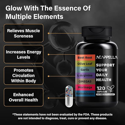 ACAPPELLA Beetroot, Olive Leaf, Garlic, L-Arginine, Omega-3, Morinaga, Nattokinase Supplements, Beetroot Capsules with Vitamin Complexes (1)