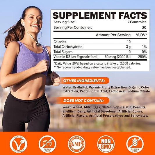 Vitamin D2 Gummies 2000 IU, Plant-Based D2 Vitamin Ergocalciferol Supplement from Whole Mushroom, Bone, Muscle, Teeth & Immune Support, Daily Sunshine Supply, Vegan, Non-GMO, Orange, 60