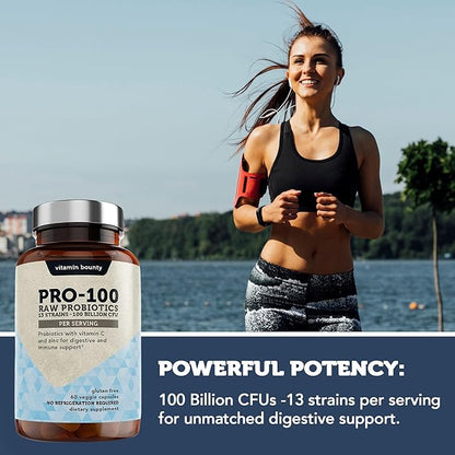 Vitamin Bounty Pro-100 Probiotic 100 Billion CFU - 13 Strains for Digestive Health & Immune Support - High Potency Probiotics for Women & Men - Delayed Release Capsules for Gut Health - 60 Count