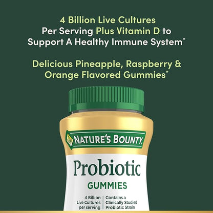 Nature's Bounty Probiotic Gummies, Immune Health & Digestive Balance, Pineapple, Raspberry and Orange Flavor Gummies, 60 Ct