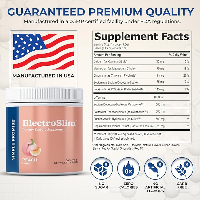 Simple Promise ElectroSlim - Sugar-Free Keto Electrolytes Powder - No Sugar Formula for Daily Energy Support and Hydration, Low Sodium Organic Electrolytes Powder, 30 Servings, Peach Flavor