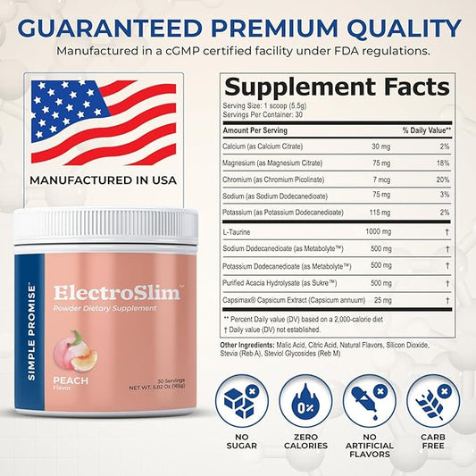Simple Promise ElectroSlim - Sugar-Free Keto Electrolytes Powder - No Sugar Formula for Daily Energy Support and Hydration, Low Sodium Organic Electrolytes Powder, 30 Servings, Peach Flavor