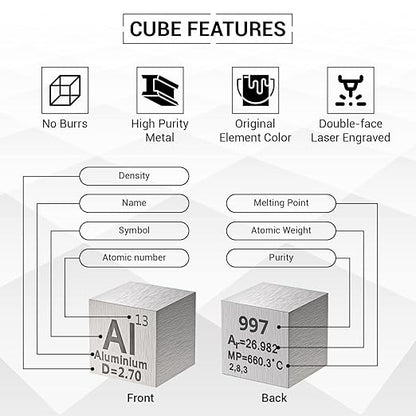 Aluminum Cube - Metal Element Cubes - Laser Engraved Density Cube Set for a Periodic Table of Elements Collection - (Aluminum, 10mm)