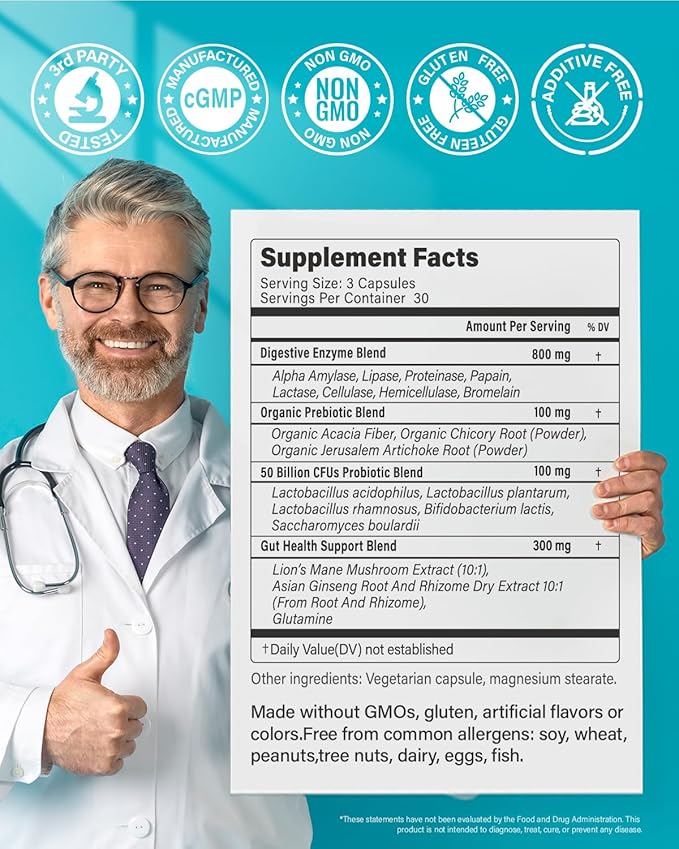 800mg Digestive Enzymes for Men and Women with Probiotics & Prebiotics, 8 Key Enzymes, Protease, Amylase & Lipase | 180 Capsules - A 60-Day Supply for Bloating & Gas Relief - Non-GMO