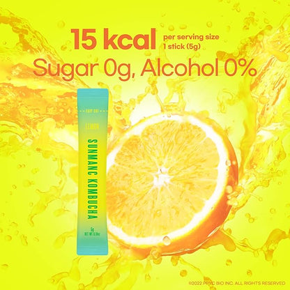 SUNMANC Kombucha 10 packets, Sparkling Probiotic Fermented Drink, Convenient Powdered Drink Mix, Tea Powder, Low Calories, Sugar 0g, Low Caffeine (Lemon)