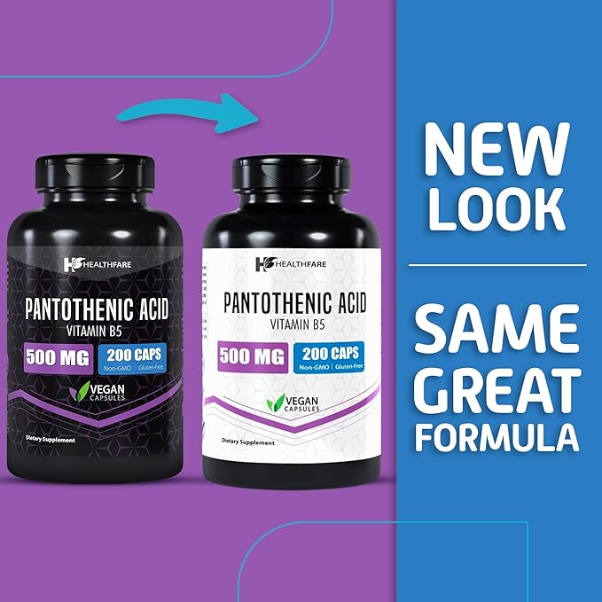 Pantothenic Acid 500mg | 200 Veg Capsules | Supports Energy Levels | Skin & Hair Health | Non-GMO | Made in The USA