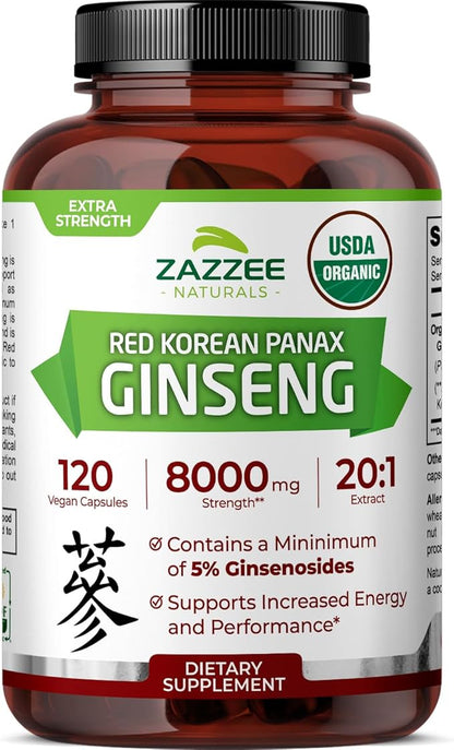 Zazzee USDA Organic Red Korean Panax Ginseng 20:1 Extract, 1000 mg, 5% Ginsenosides, 120 Vegan Capsules, Standardized and Concentrated 20X Root Extract, 100% Vegetarian, All-Natural, Made in The USA
