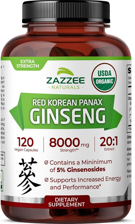 Zazzee USDA Organic Red Korean Panax Ginseng 20:1 Extract, 1000 mg, 5% Ginsenosides, 120 Vegan Capsules, Standardized and Concentrated 20X Root Extract, 100% Vegetarian, All-Natural, Made in The USA