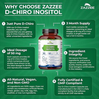 Zazzee D-Chiro-Inositol, 50 mg per Capsule, 90 Vegan Capsules, Ideal Dosage for 40:1 Ratio with Myo-Inositol, 3 Month Supply, 100% Vegetarian, Non-GMO