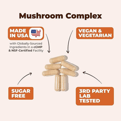 7-in-1 Mushroom Powder Supplement - Organic Lions Mane Powder, Reishi Mushroom, Cordyceps, Chaga. Mushroom Complex Capsules for Memory, Focus, Immune Support & Energy. 60 Turkey Tail Mushroom Capsules