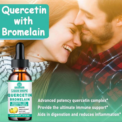 2 Pack Quercetin with Bromelain Liquid Drops, 4X Stronger Than Capsules & Pills, 7-in-1 Organic Zinc Quercetin 1000mg with Bromelain 500mg Vitamin C D3 for Immune Respiratory Health & Antioxidant