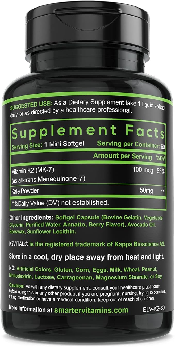 Smarter Vitamin K2 MK7 100mcg, Made with K2VITAL and Kale, 60 Liquid Softgels