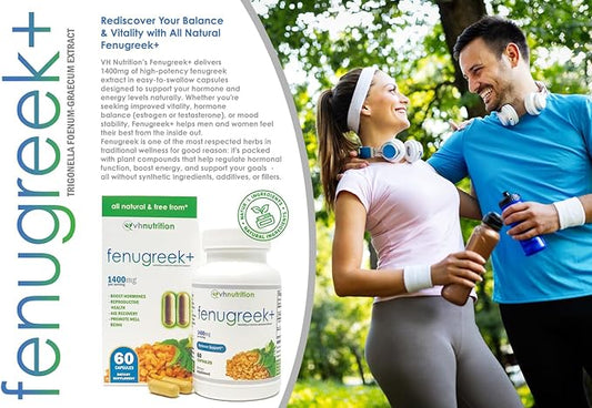 VH Nutrition Fenugreek+ | 1400mg Extra Strength Fenugreek Capsules | Hormonal Balance and Energy Support Supplement for Men & Women | 60 Gluten-Free Capsules