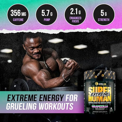 ALPHA LION Superhuman Extreme High Stim Pre Workout Powder, Beta Alanine, L-Taurine & 356mg Tri-Source Caffeine for Sustained Energy, Nitric Oxide & Citrulline for Pump (21 Servings, Grape Flavor)