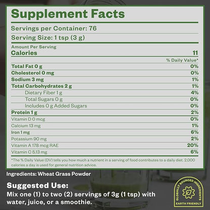 Wheatgrass Powder, 8oz, Wheat Grass Powder, Green Superfood for Salads, Smoothie and Shakes, Superfood Powder Rich in Immunity Vitamins, Fiber and Minerals, 76 Servings