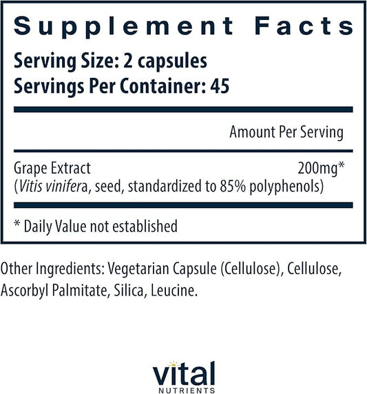 Vital Nutrients Grape Seed Extract 100mg | Potent Antioxidant and Support for Circulation, Capillary, and Vein Health | Gluten, Dairy, Soy Free | Non-GMO | 90 Capsules