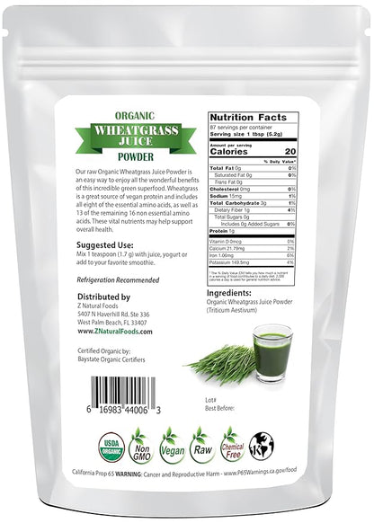 Z Natural Foods Organic Wheat Grass Juice Powder - Superfood for Healthy Aging & Digestion - Non-GMO, Vegan, Kosher - Perfect for Juices, Yogurts & Smoothies - Wheatgrass Juice Powder Bliss, 1 lb
