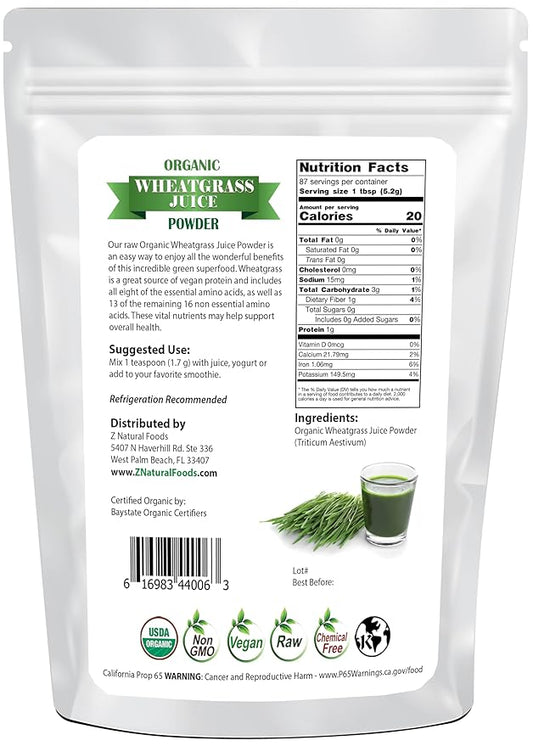 Z Natural Foods Organic Wheat Grass Juice Powder - Superfood for Healthy Aging & Digestion - Non-GMO, Vegan, Kosher - Perfect for Juices, Yogurts & Smoothies - Wheatgrass Juice Powder Bliss, 1 lb