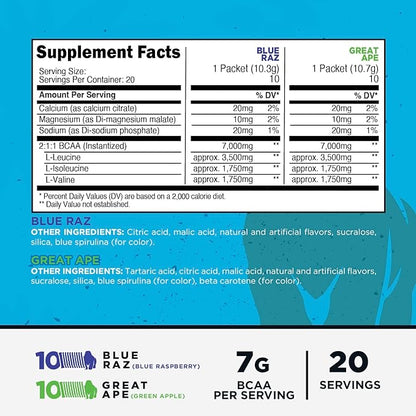 Primal BCAA Variety Pack, Blue Raspberry + Great Ape Green Apple Flavored (20 Stickpacks) - 7G BCAA per Serving, Branched Chain Amino Acids