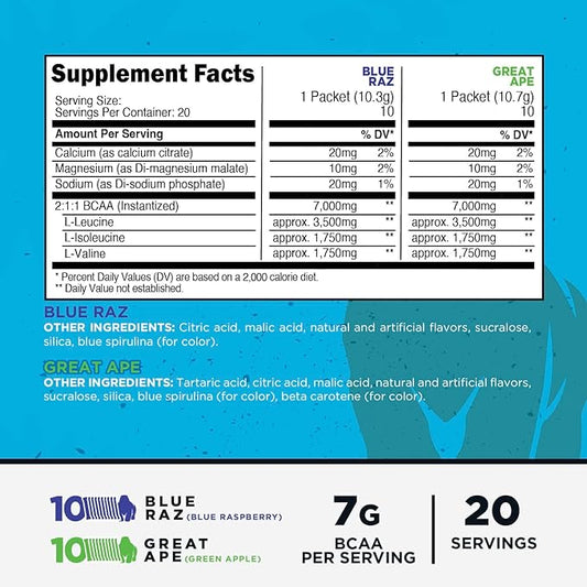 Primal BCAA Variety Pack, Blue Raspberry + Great Ape Green Apple Flavored (20 Stickpacks) - 7G BCAA per Serving, Branched Chain Amino Acids