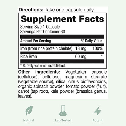 Yuve 100% Vegan Whole Food Chelated Iron Supplement 18mg – Tasteless, Non-Constipating, Gentle on Stomach, Energy Support – Gluten-Free, Non-GMO, 60 Capsules