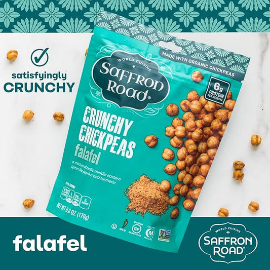 Saffron Road Roasted and Crunchy Falafel Chickpeas | High Protein Snacks | Gluten-free, Vegan, Non-GMO, and Certified Halal and Kosher | 5.4oz Pouch | Pack of 6