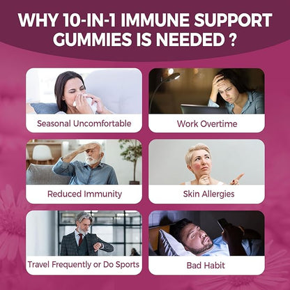 10 in 1 Immune Support Supplement Gummies, w/Echinacea, Elderberry Vitamin C and Zinc, Selenium, Vitamin D3 5000IU, Magnesium, Daily Immune Booster Multivitamin, for Antioxidant Bone Energy, 2 Pack