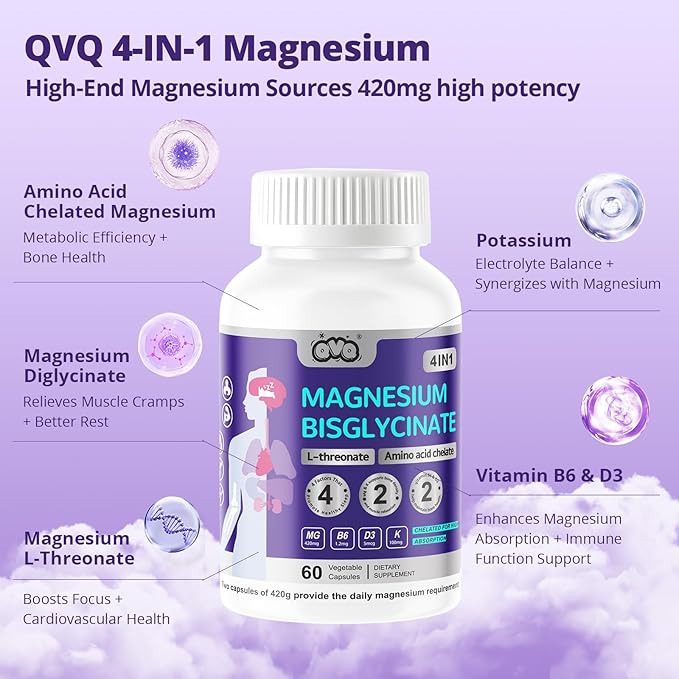 420 Mg Magnesium Bisglycinate L-Threonate Amino Acid Chelated Supplement with Vitamin and Potassium High Absorption Formula for Muscle Relaxation Bone & Joint Support Magnesium Complex Capsules