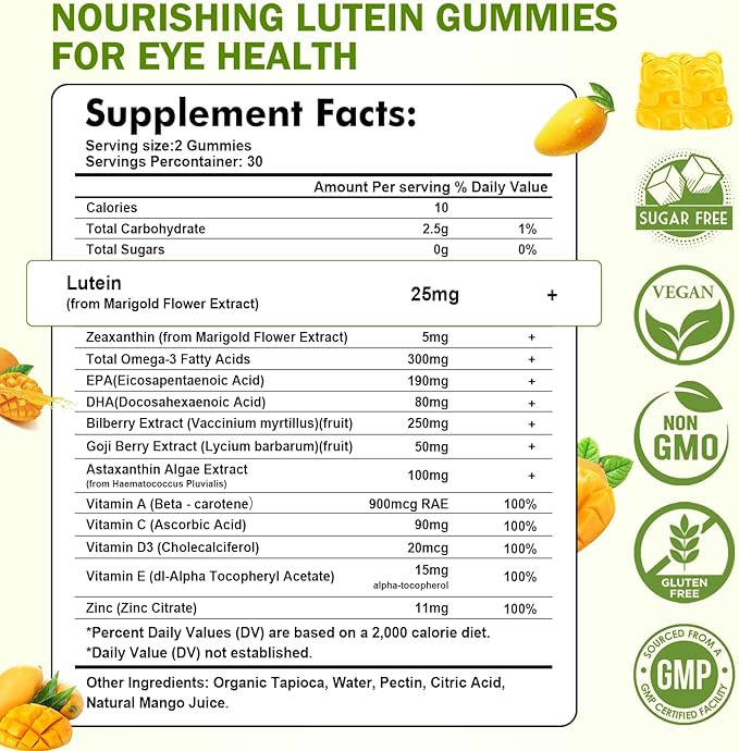 2 Pack Lutein Gummies with Zeaxanthin, Eye Vitamins with Omega-3, Bilberry, and Astaxanthin for Vision and Eye Health, Mango Flavor, 120 Count