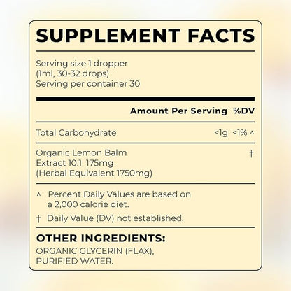 Organic Lemon Balm Drops (10:1) – Alcohol-Free Extract with only 3 Ingredients – Gentle After-Meal Digestive Comfort and Occasional Bloat Relief – Mix in Tea – USDA Organic, Kosher, Non-GMO – 1 fl oz