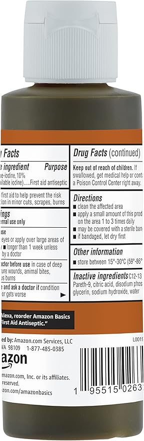 Amazon Basics First Aid Antiseptic, 10% Povidone Iodine Solution , Unflavored, 4 Fluid Ounces, 1-Pack (Previously Solimo)