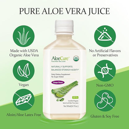 AloeCure USDA Organic Aloe Vera Juice Grape Flavor, Made Within 12 Hours of Harvest - Pure Aloe Vera Digestive & Immune Health Supplement, Helps Maintain Balanced Stomach Acidity, 16.7oz x 18 Btls