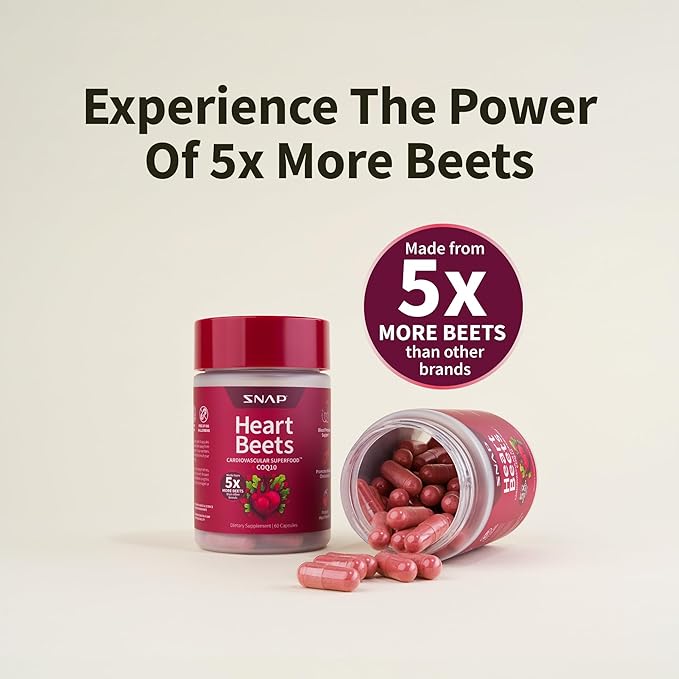 Snap Supplements Heart Beets Capsules with CoQ10, Cardiovascular Support Supplement for Men & Women, Superfood Made with 5X More Beets, Heart Health, Circulation & Cholesterol Support, 60 Capsules
