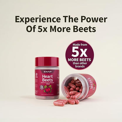 Snap Supplements Heart Beets Capsules with CoQ10, Cardiovascular Support Supplement for Men & Women, Superfood Made with 5X More Beets, Heart Health, Circulation & Cholesterol Support, 60 Capsules