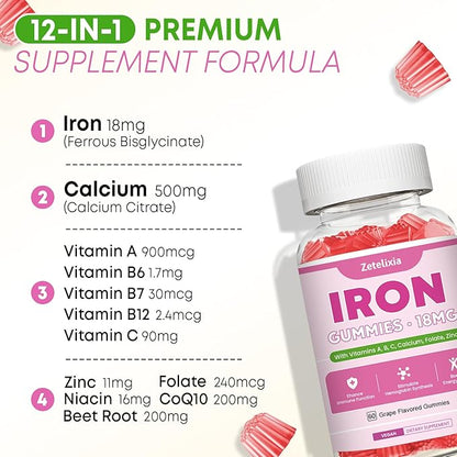 Vegan 2 Pack Iron Supplement Gummies for Women & Men, Anemia, Blood Builder & Energy Support for Iron Deficiency, with Vitamin C, A, B Complex, Folate, Beet Root, CoQ10, Zinc, Sugar Free, 120 Count
